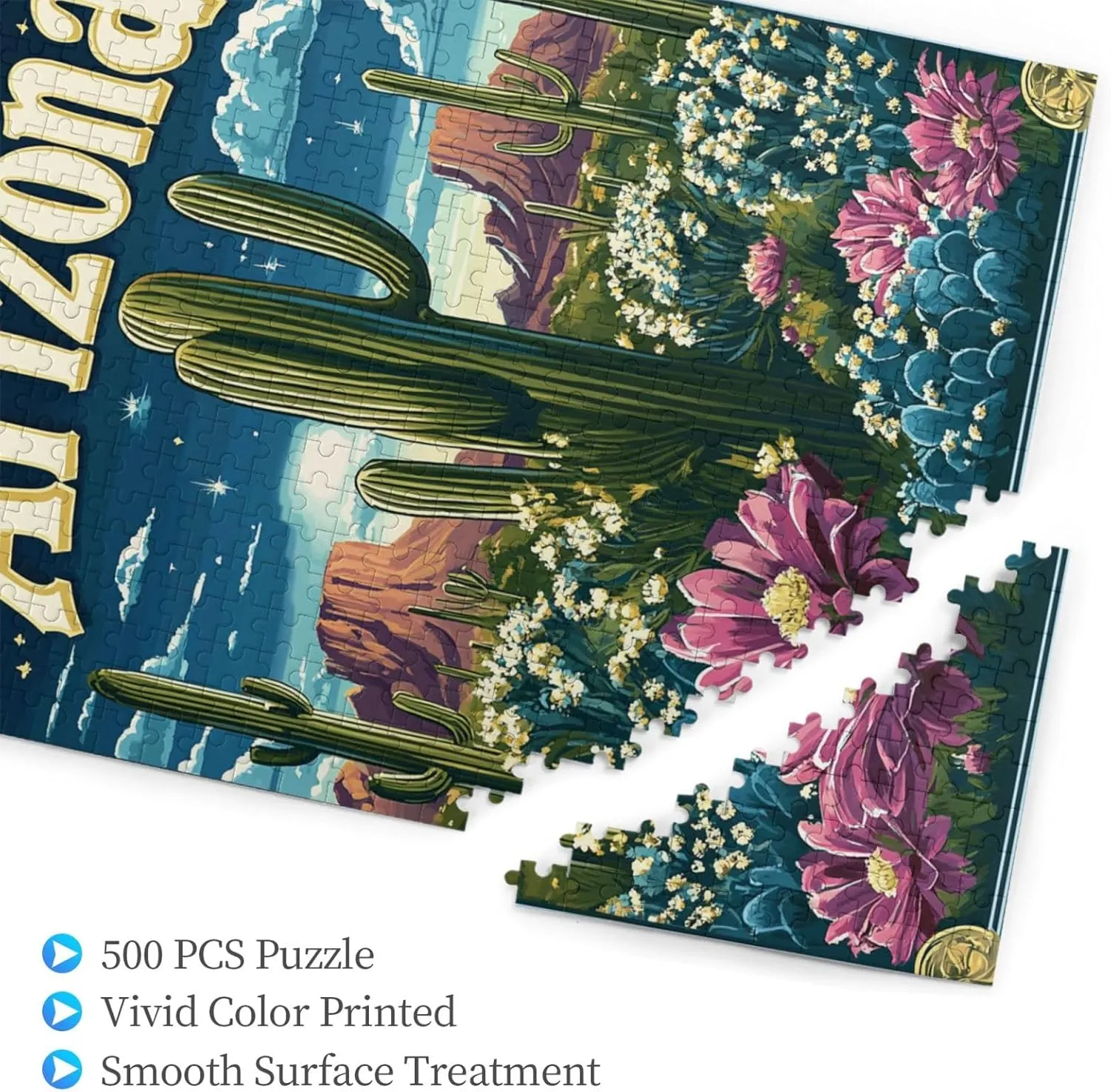 Iconic Arizona Desert Landscape with Towering Saguaro Cacti,500 Piece Wooden Puzzle for Adults,Southwestern Wilderness Artwork,Brain Training Challenge,Stress Relief Activity