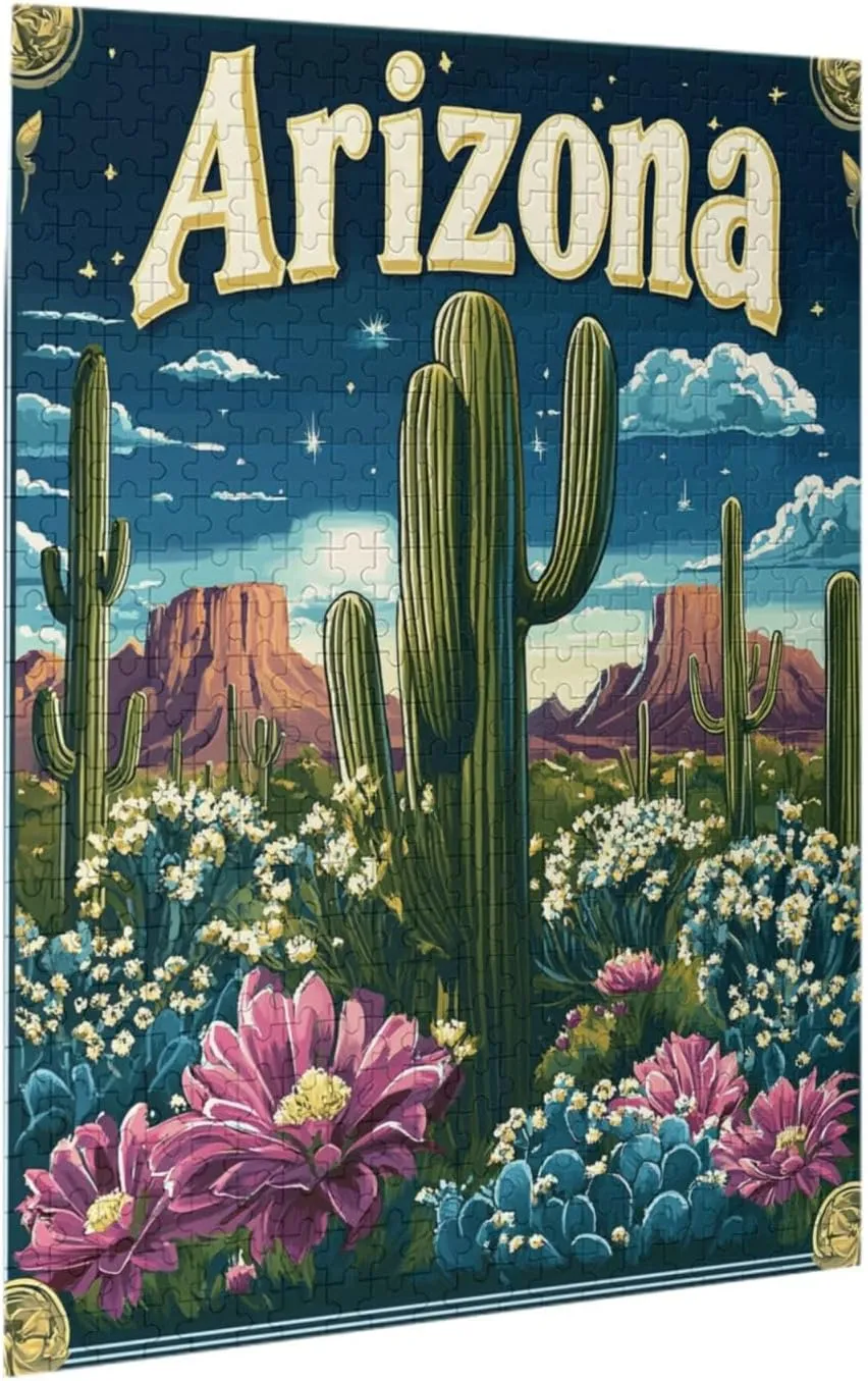 Iconic Arizona Desert Landscape with Towering Saguaro Cacti,500 Piece Wooden Puzzle for Adults,Southwestern Wilderness Artwork,Brain Training Challenge,Stress Relief Activity