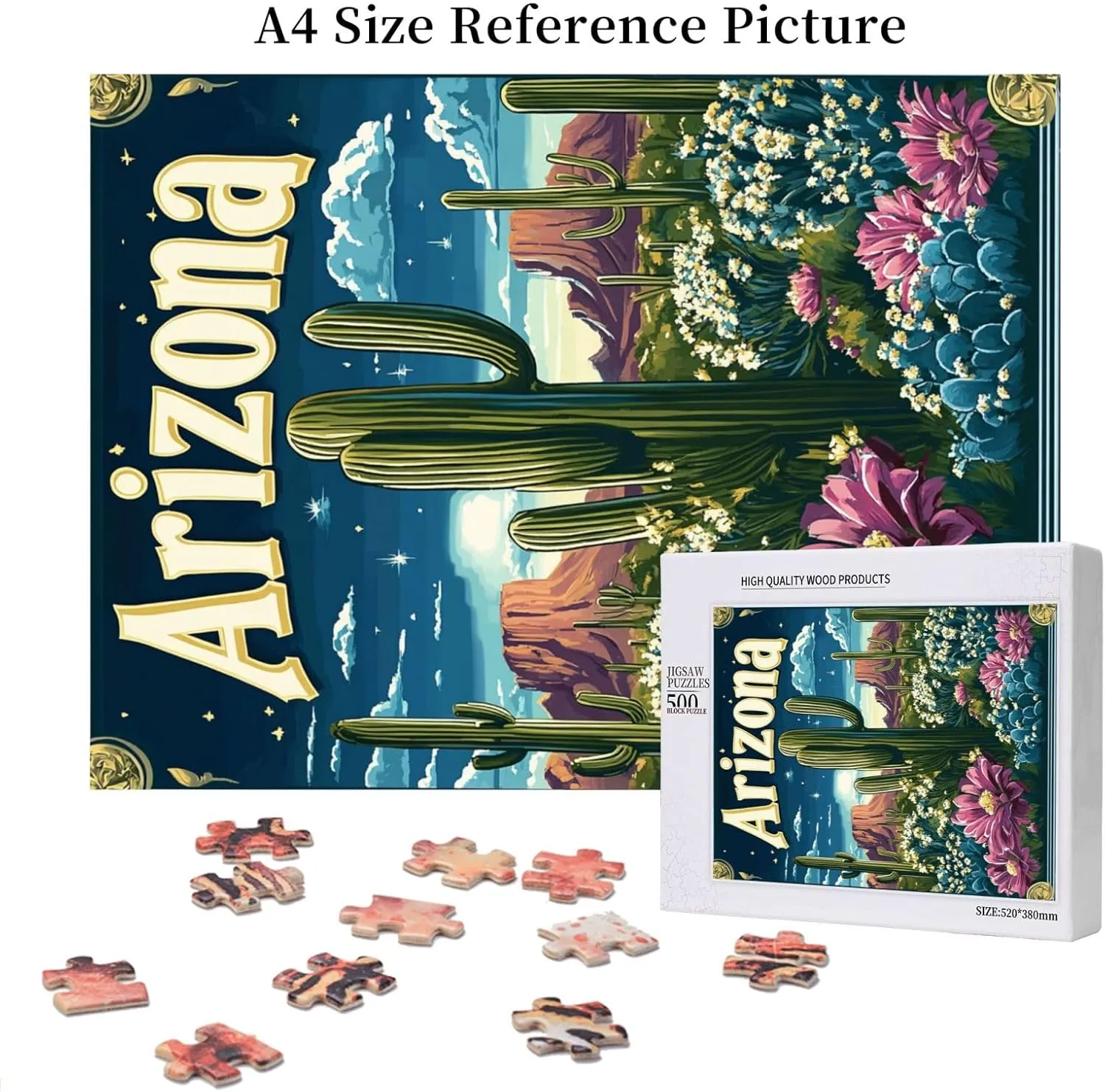 Iconic Arizona Desert Landscape with Towering Saguaro Cacti,500 Piece Wooden Puzzle for Adults,Southwestern Wilderness Artwork,Brain Training Challenge,Stress Relief Activity