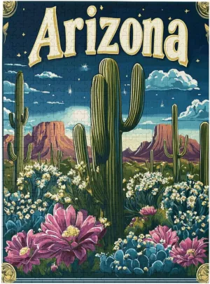 Iconic Arizona Desert Landscape with Towering Saguaro Cacti,500 Piece Wooden Puzzle for Adults,Southwestern Wilderness Artwork,Brain Training Challenge,Stress Relief Activity