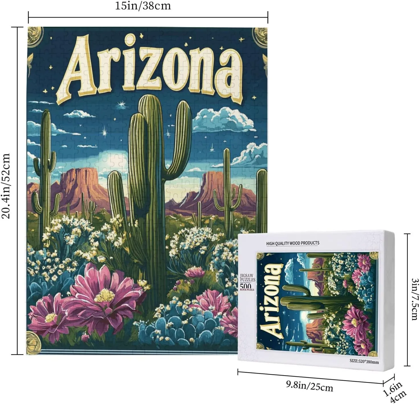 Iconic Arizona Desert Landscape with Towering Saguaro Cacti,500 Piece Wooden Puzzle for Adults,Southwestern Wilderness Artwork,Brain Training Challenge,Stress Relief Activity