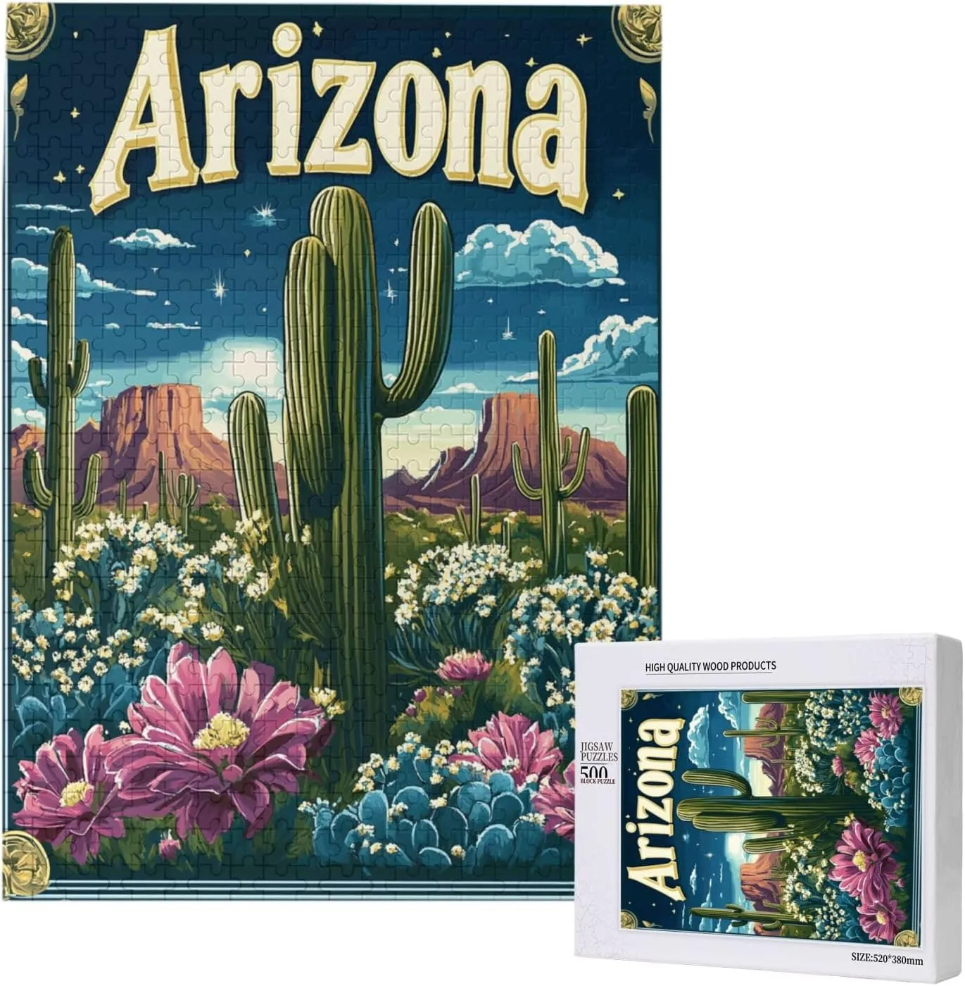Iconic Arizona Desert Landscape with Towering Saguaro Cacti,500 Piece Wooden Puzzle for Adults,Southwestern Wilderness Artwork,Brain Training Challenge,Stress Relief Activity