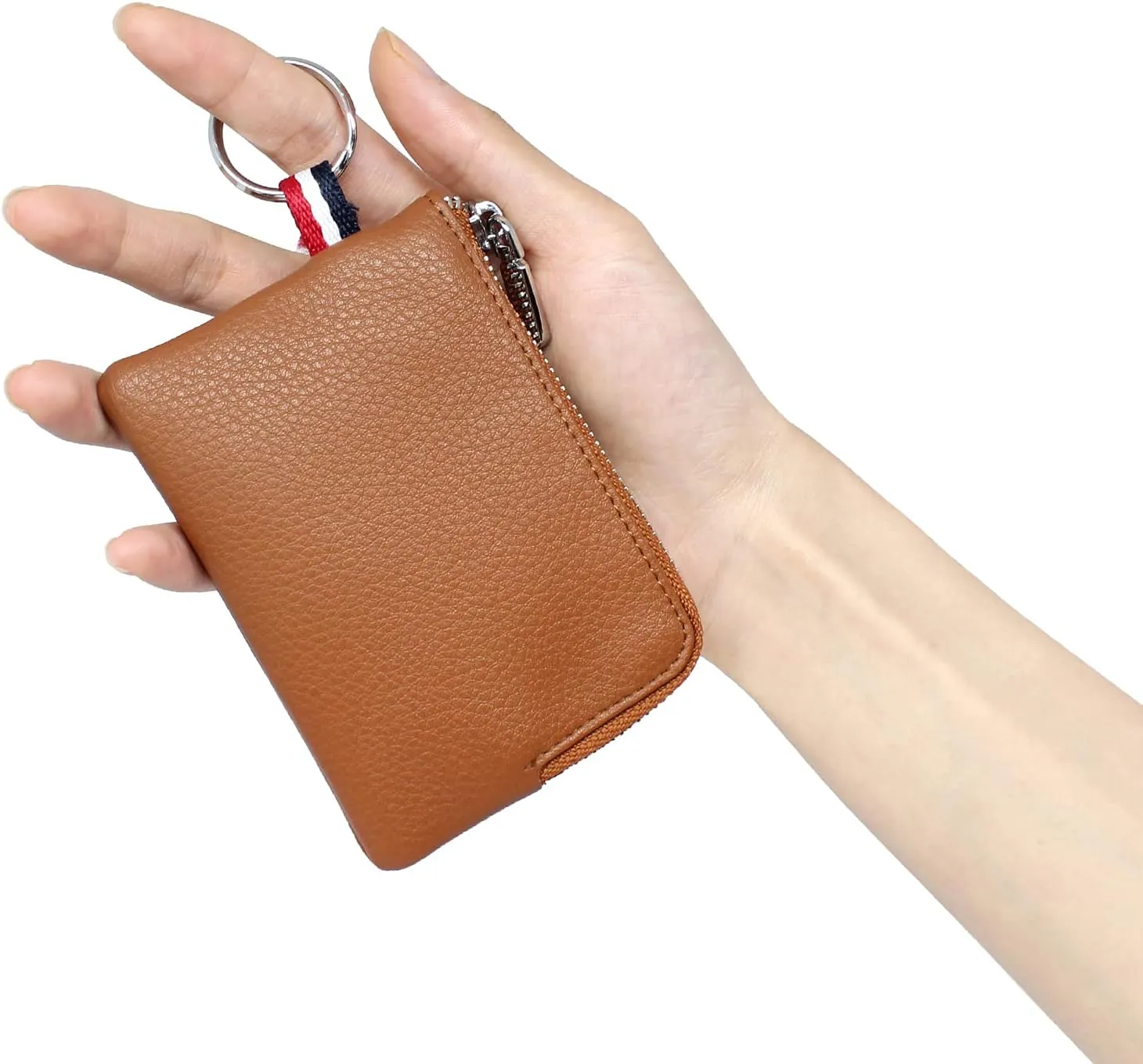 imeetu Leather Coin Purse Wallet, Mini Dual Keyrings Change Pouch Card Holder for Men Women (Brown, standard)