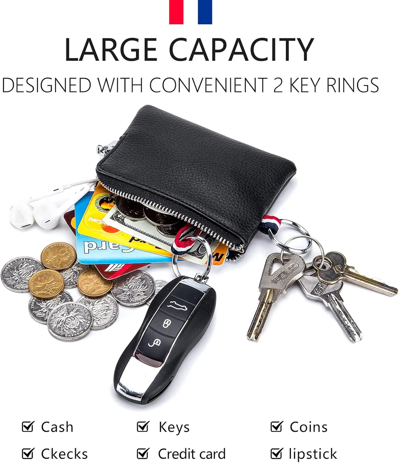 imeetu Leather Coin Purse Wallet, Mini Dual Keyrings Change Pouch Card Holder for Men Women (Brown, standard)