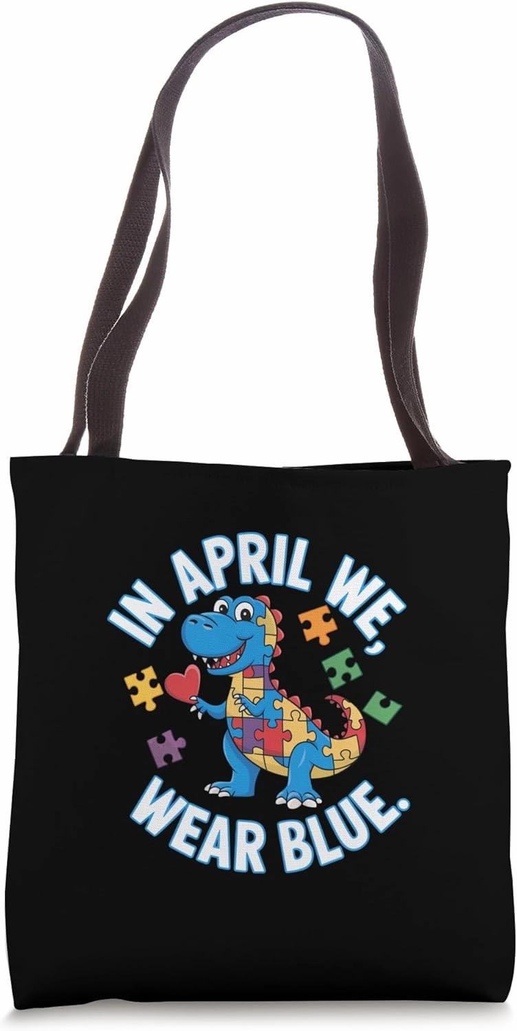 In April We Wear Blue Dinosaur Puzzle Tote Bag