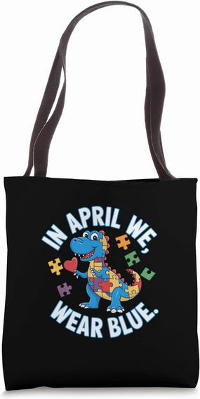 In April We Wear Blue Dinosaur Puzzle Tote Bag