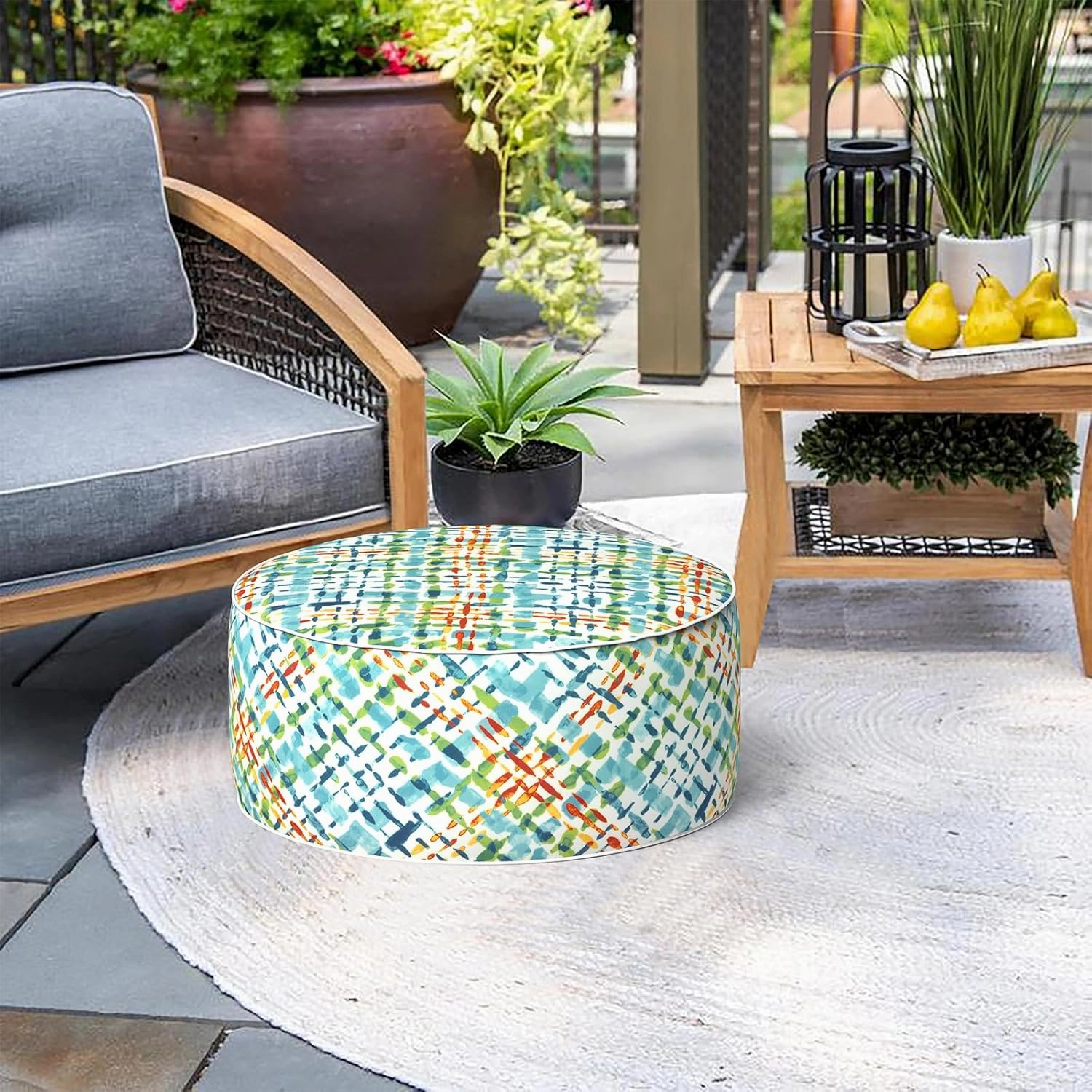 Indoor/Outdoor Inflatable Ottoman D21 x H9 inch, Round Footstool Inflatable Foot Rest Ottomans with Handle, Portable Ottoman Pouf for Patio, Garden, Camping, Home,Acapa Opal Geometric