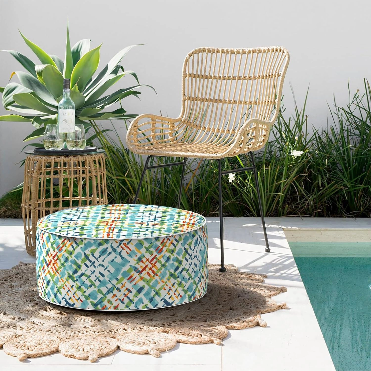 Indoor/Outdoor Inflatable Ottoman D21 x H9 inch, Round Footstool Inflatable Foot Rest Ottomans with Handle, Portable Ottoman Pouf for Patio, Garden, Camping, Home,Acapa Opal Geometric