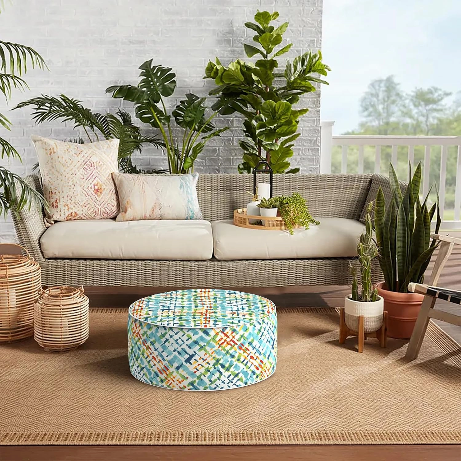 Indoor/Outdoor Inflatable Ottoman D21 x H9 inch, Round Footstool Inflatable Foot Rest Ottomans with Handle, Portable Ottoman Pouf for Patio, Garden, Camping, Home,Acapa Opal Geometric