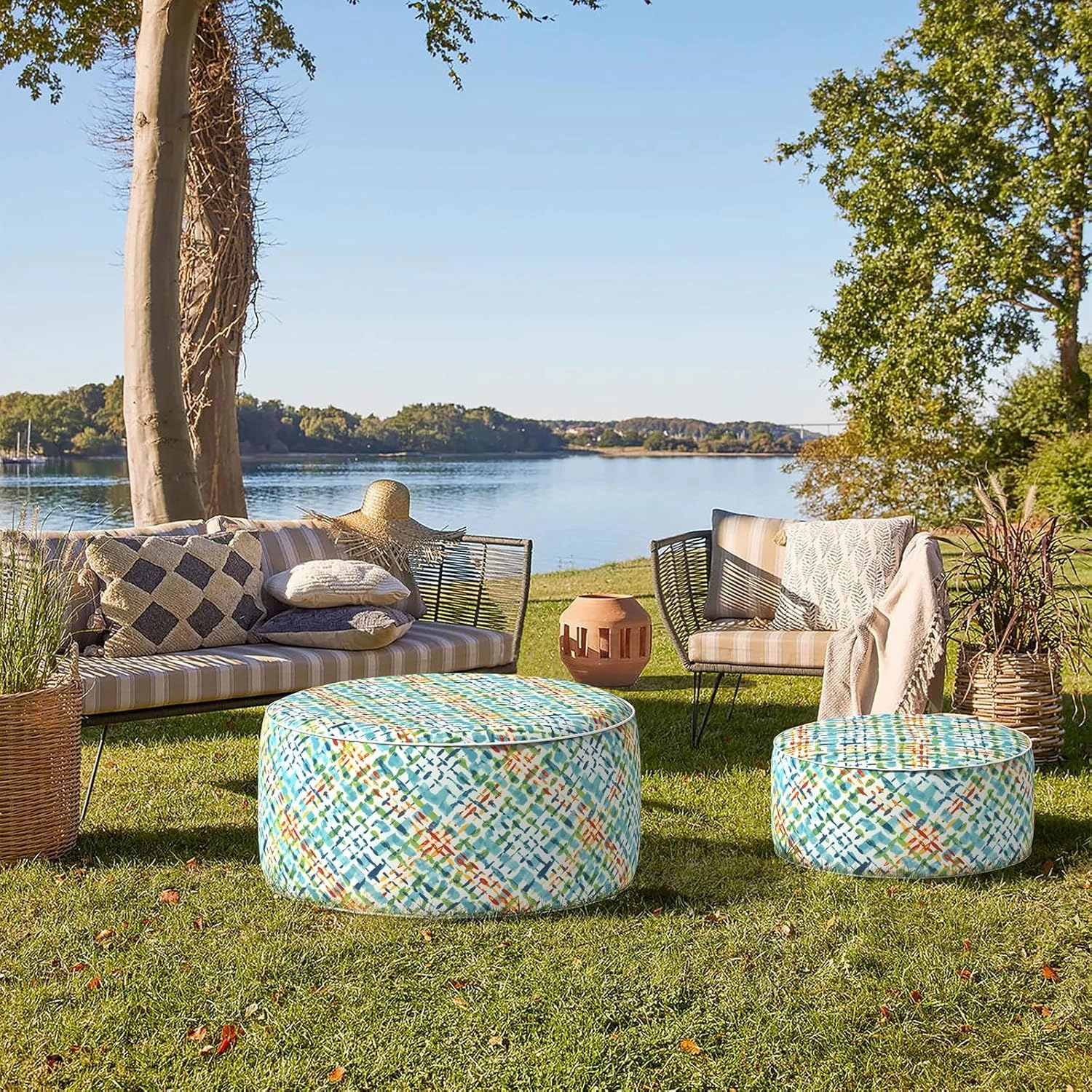 Indoor/Outdoor Inflatable Ottoman D21 x H9 inch, Round Footstool Inflatable Foot Rest Ottomans with Handle, Portable Ottoman Pouf for Patio, Garden, Camping, Home,Acapa Opal Geometric