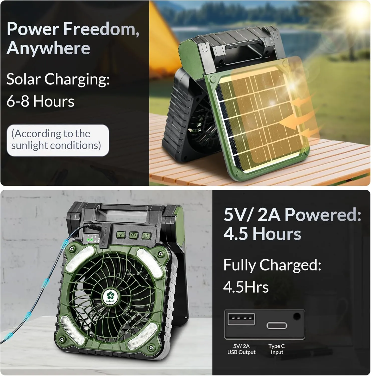 Indwell Solar-Powered Rechargeable Camping Fan with LED Lights 8H Runtime, 4-Speed Cooling, Dual Solar/USB-C Charging, Compact Foldable Outdoor Design for Tent Hanging, Hiking, Emergency