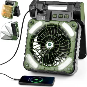 Indwell Solar-Powered Rechargeable Camping Fan with LED Lights 8H Runtime, 4-Speed Cooling, Dual Solar/USB-C Charging, Compact Foldable Outdoor Design for Tent Hanging, Hiking, Emergency