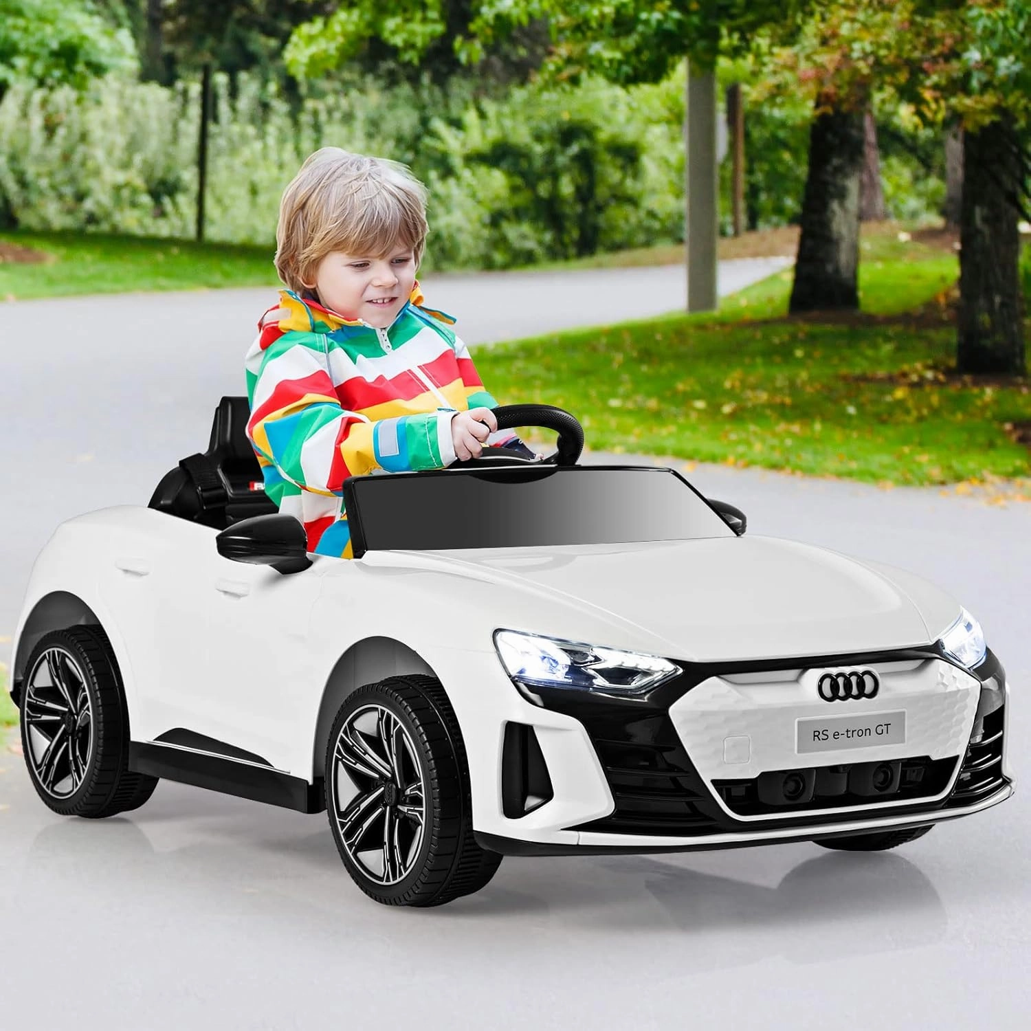 INFANS 12V Kids Ride On Car, Licensed Audi RS e-tron GT Electric Vehicle with Remote Control, Toddlers Battery Powered Toy with 4 Wheels Suspension, LED Headlight, Music, MP3, USB, TF Port (White)