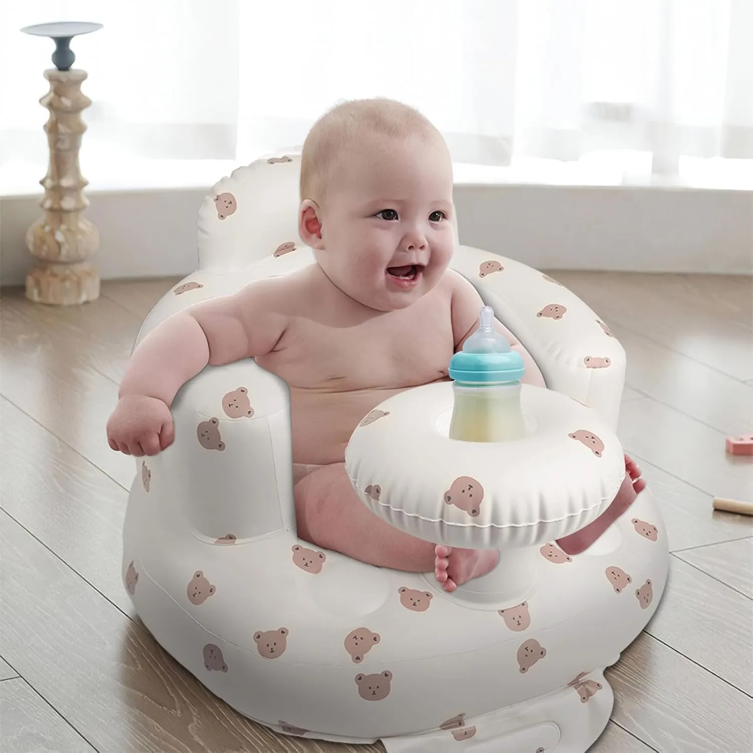 Inflatable Baby Chair with Tray for Babies 3 Months & Up, Blow Up Baby Seat with Built in Air Pump, Sit Me Up Floor Baby Seats for Infants for Sitting Up - Bear Head with Tray