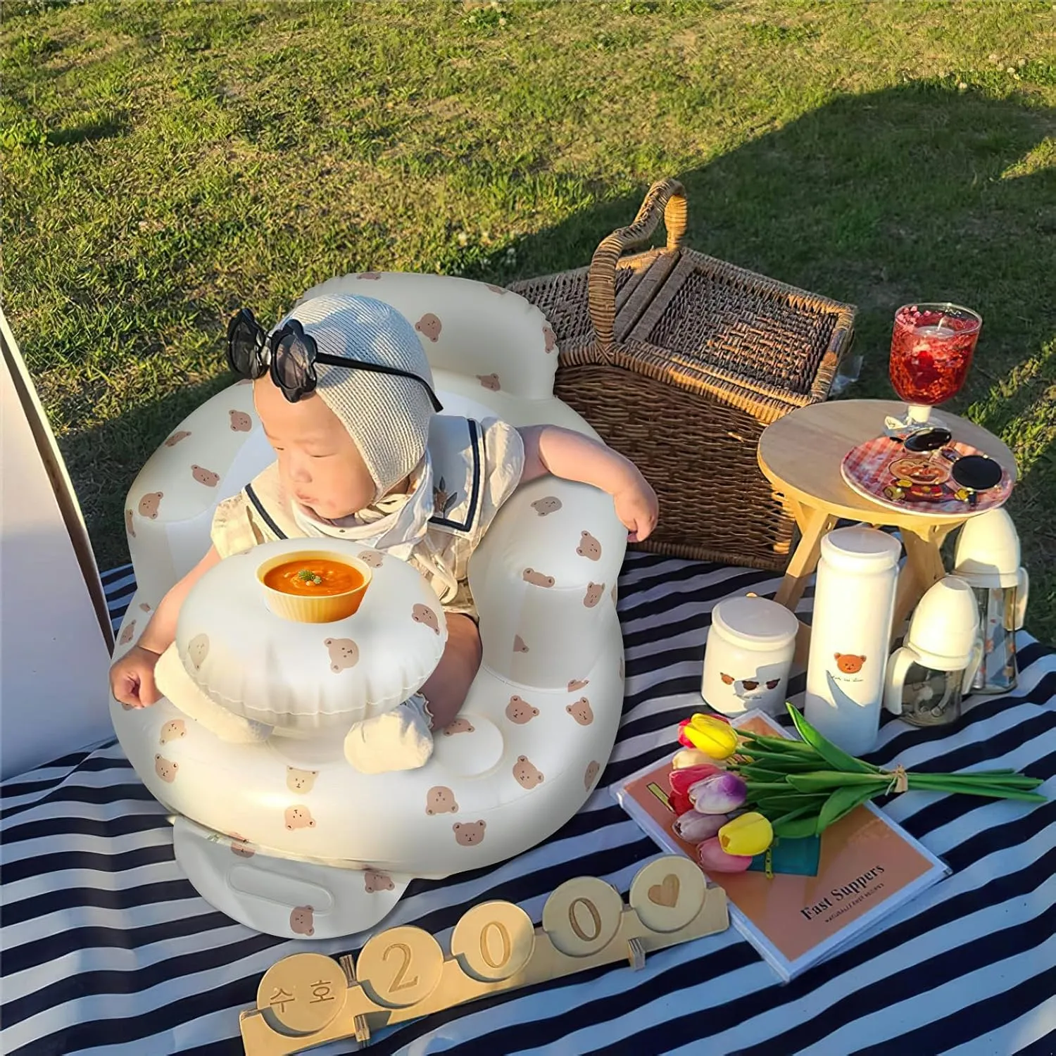 Inflatable Baby Chair with Tray for Babies 3 Months & Up, Blow Up Baby Seat with Built in Air Pump, Sit Me Up Floor Baby Seats for Infants for Sitting Up - Bear Head with Tray