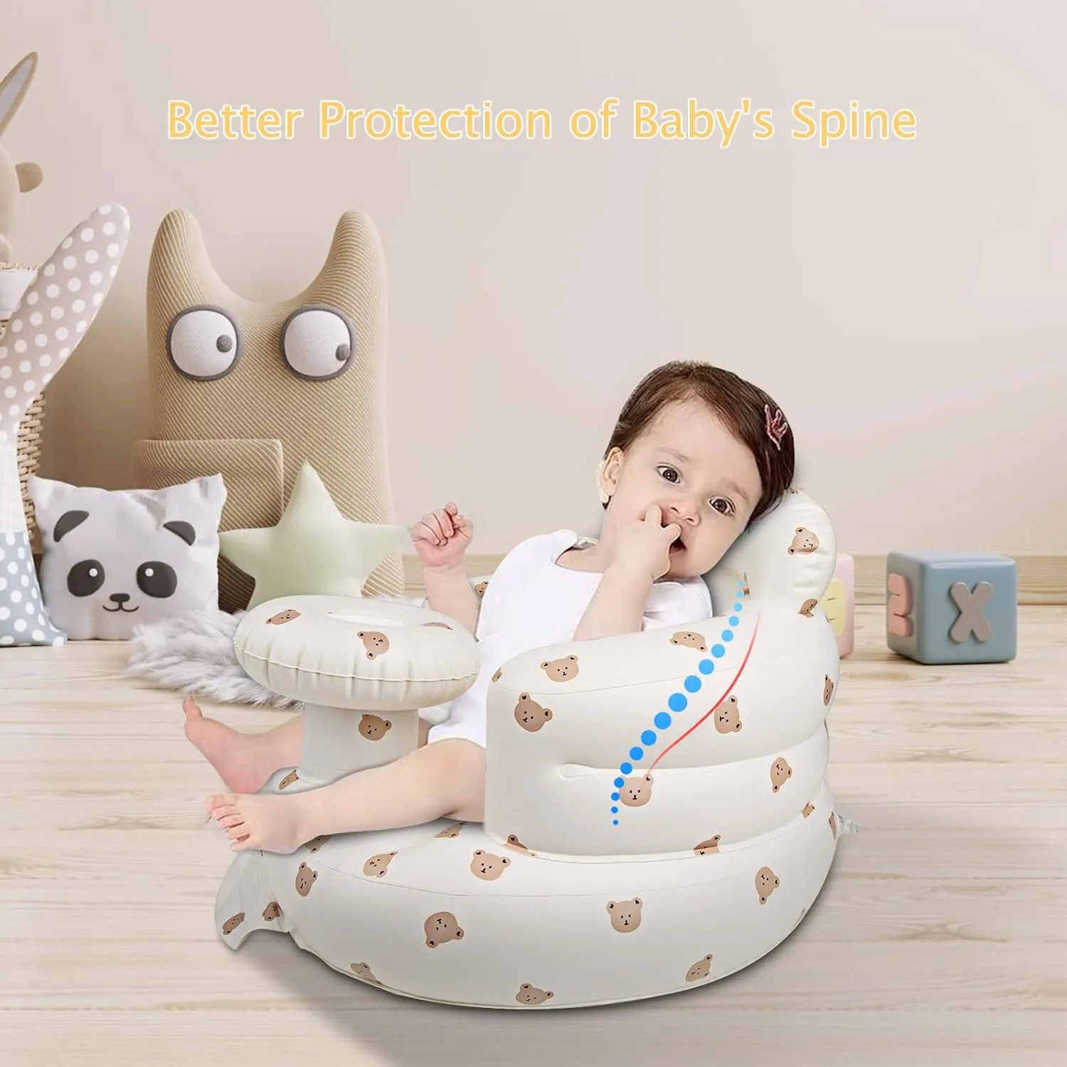 Inflatable Baby Chair with Tray for Babies 3 Months & Up, Blow Up Baby Seat with Built in Air Pump, Sit Me Up Floor Baby Seats for Infants for Sitting Up - Bear Head with Tray