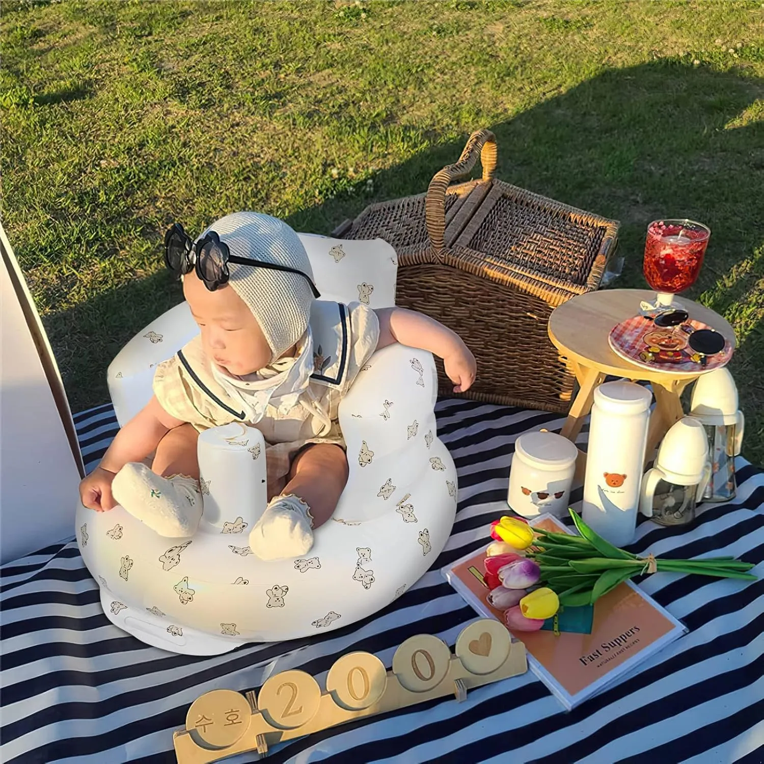 Inflatable Baby Seat for Babies 3 Months & Up, Baby Floor Seats for Sitting Up, Baby Seats for Infants, Blow Up Baby Chair with Built in Air Pump - Bear