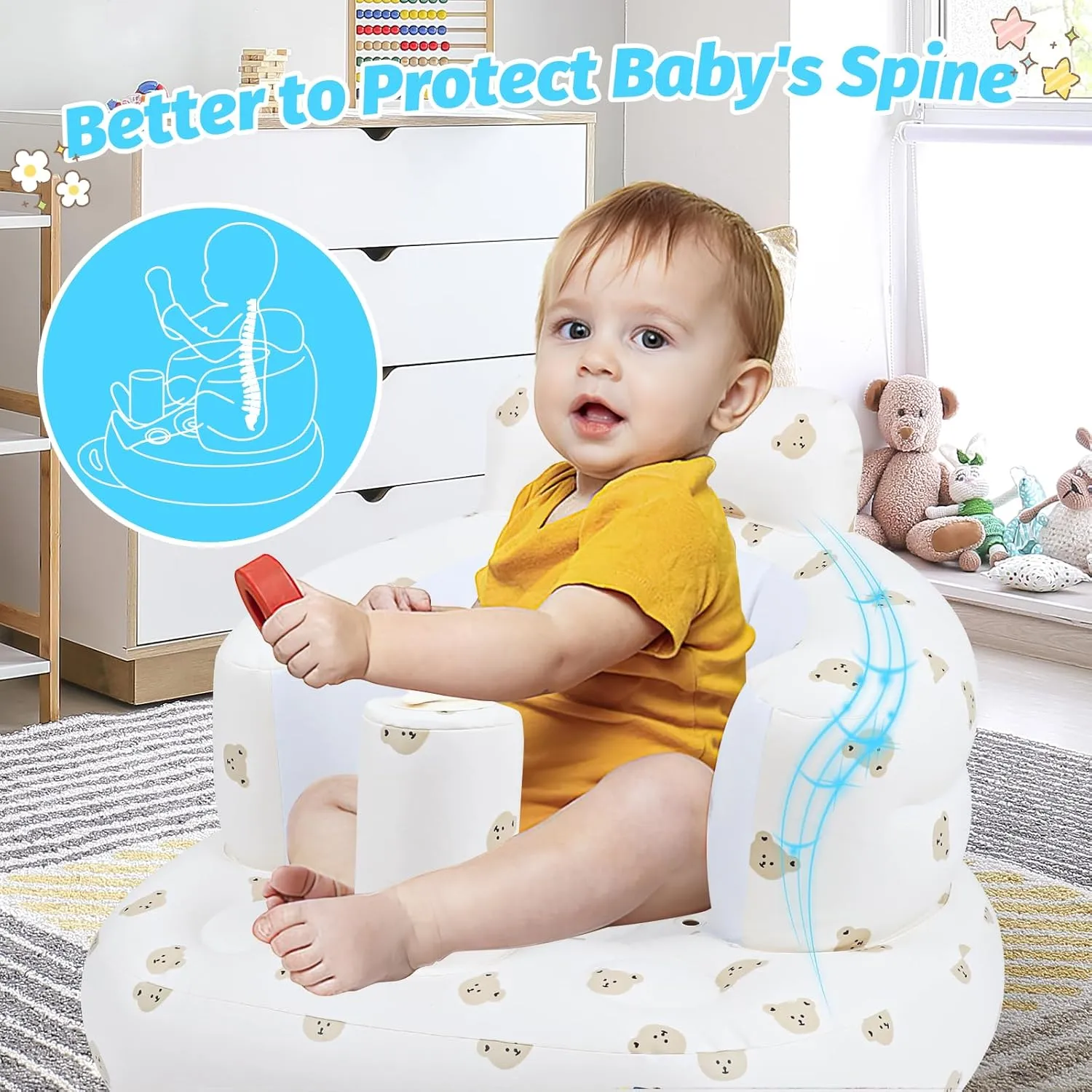 Inflatable Baby Seat for Babies 3 Months and Up, Toddler Floor Seats for Sitting Up, Built in Air Pump Baby Seats for Kids, Blow Up Baby Chair with Back Support - Cute Bear