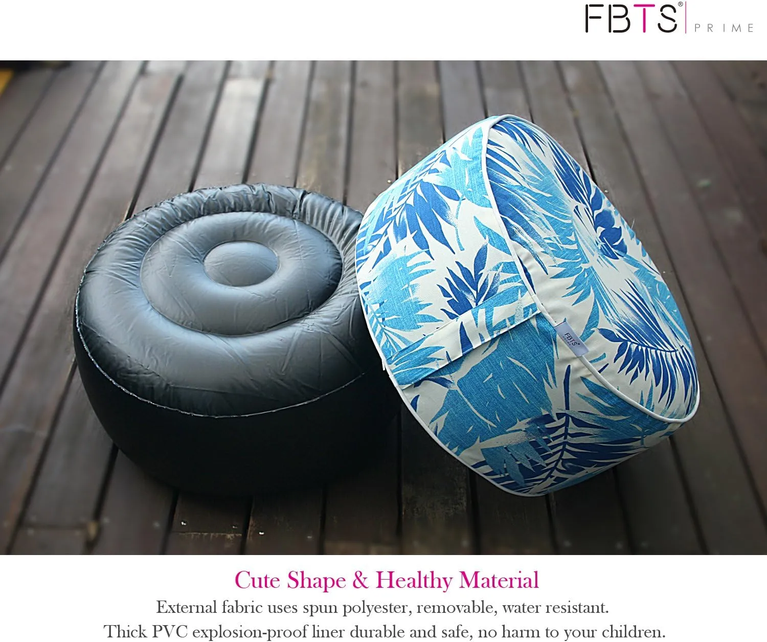 Inflatable Footstool Ottoman Blue Leaf Round 21x9 Inch Patio Foot Stools and Ottomans Portable Footrest
