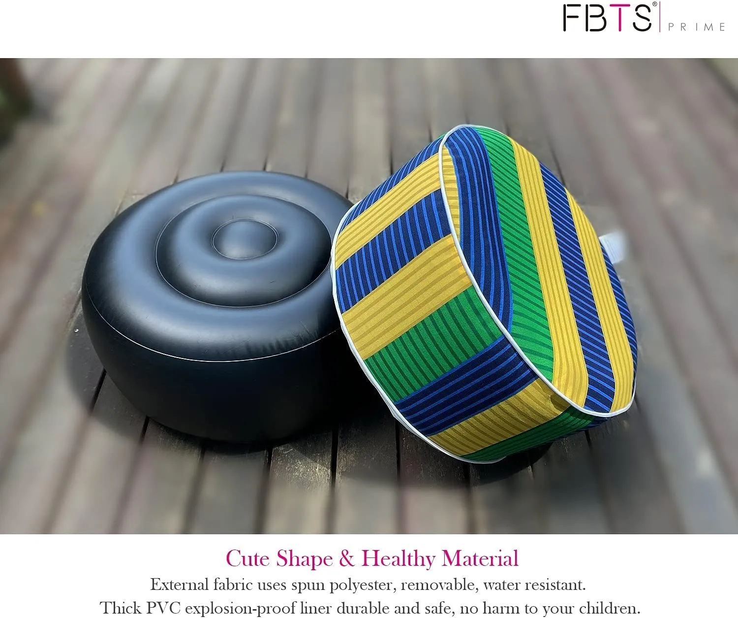 Inflatable Footstool Ottoman Green Stripe Round 21x9 Inch Patio Foot Stools and Ottomans Portable Footrest