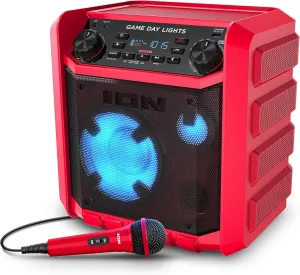ION Game Day Lights Portable Bluetooth Party Speaker with Karaoke Microphone Lights and Radio for Birthday, Pool Party, BBQ – Powerful, 50W (Red)