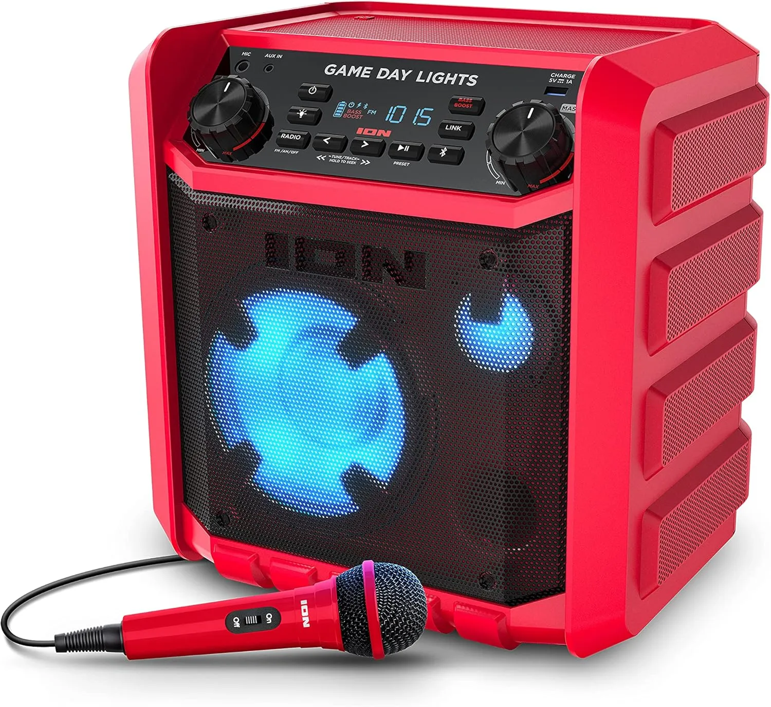 ION Game Day Lights Portable Bluetooth Party Speaker with Karaoke Microphone Lights and Radio for Birthday, Pool Party, BBQ – Powerful, 50W (Red)