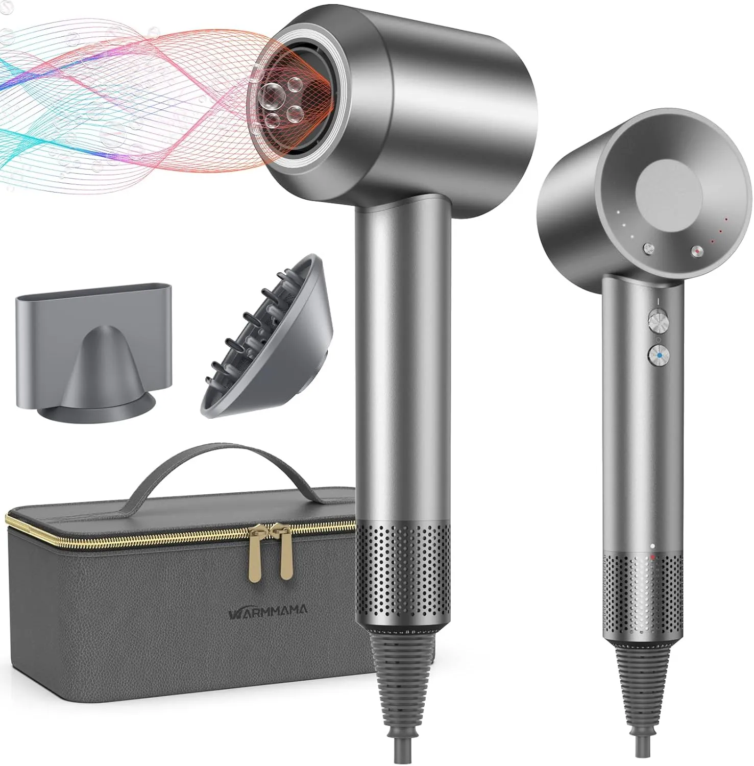 Ionic Hair Dryer with Diffuser, warmmama 1500W High Speed Blow Dryer with 3 Speeds and 4 Temps for Men & Women, Hair Blow Dryers Fast Drying Brushless Motor with Nozzle Bag for Home Salon Travel, Grey