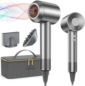 Ionic Hair Dryer with Diffuser, warmmama 1500W High Speed Blow Dryer with 3 Speeds and 4 Temps for Men & Women, Hair Blow Dryers Fast Drying Brushless Motor with Nozzle Bag for Home Salon Travel, Grey