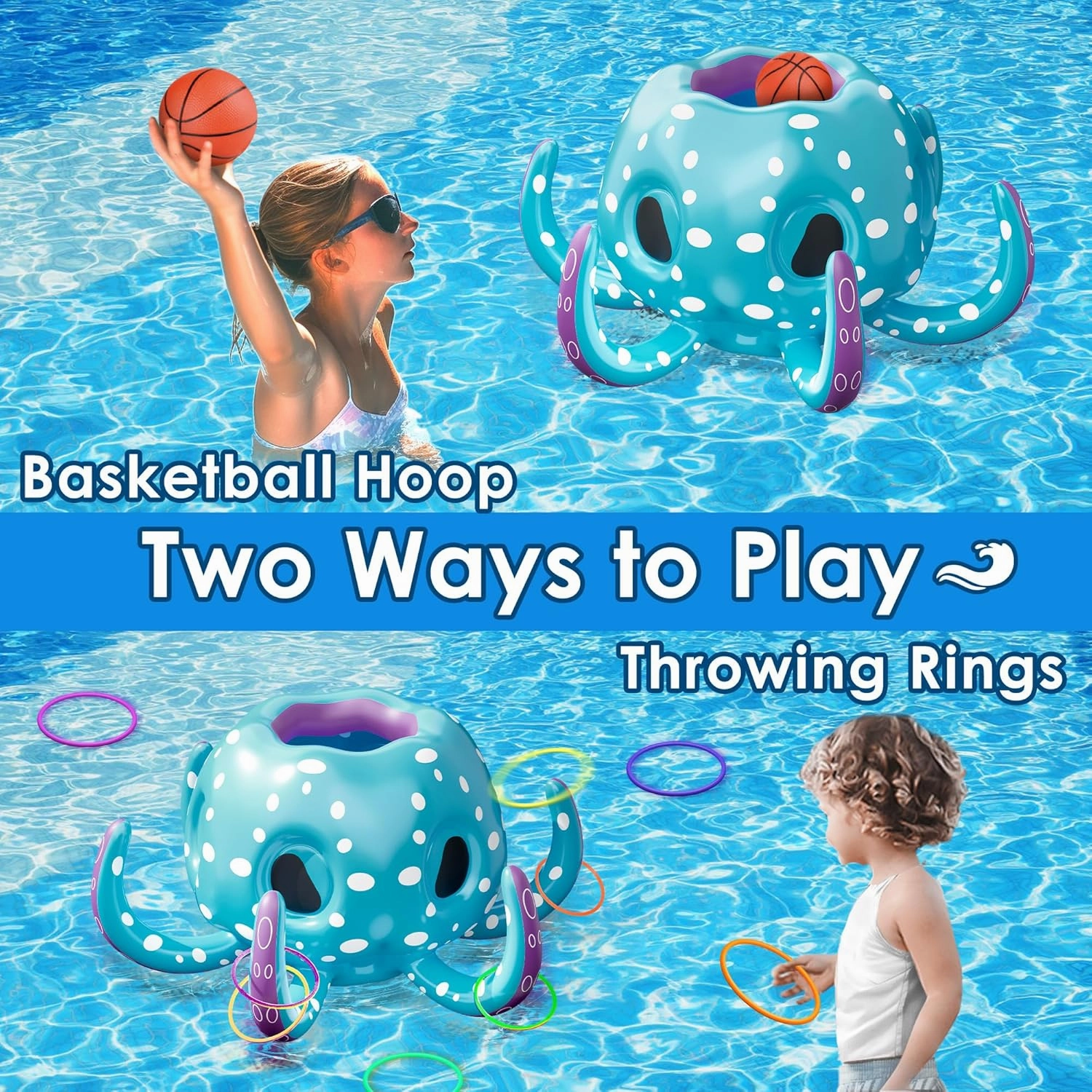 iPlay, iLearn Pool Wave Kids Octopus Pool Toys, 2-in-1 Inflatable Float Water Game, Basketball Hoop Ring Toss Outdoor Swim Play, Cool Summer Family Party Gift 3 4 5 6 7 8 Year Old Boy Girl Child-Blue