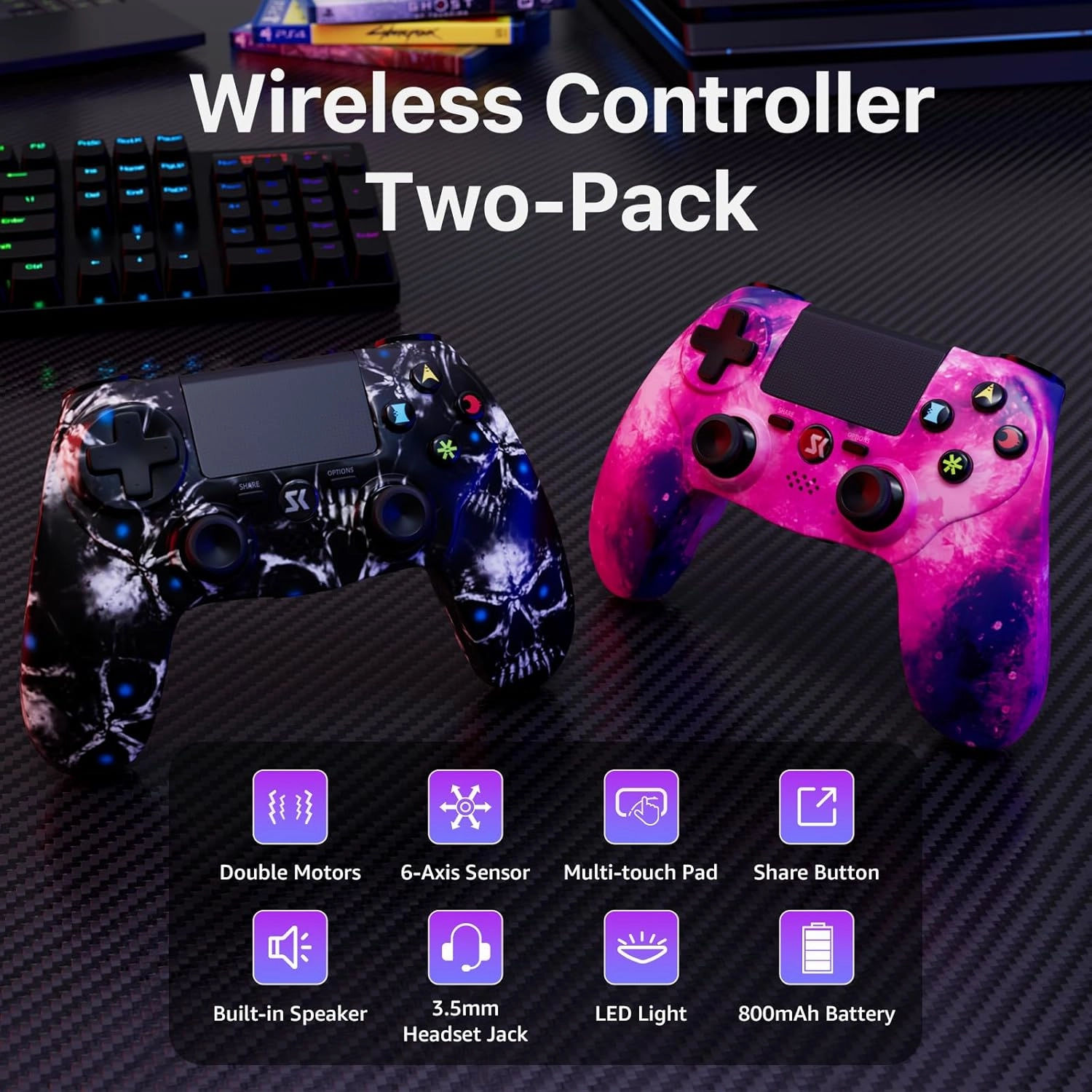 ISHAKO Controller for PS4, Wireless Controller 2 Pack for Sony PlayStation 4/Slim/Pro, Remote Control with Double Vibration/6-Axis Motion Sensor/Speaker/3.5mm Audio Jack/Touch Pad/800mAh Battery
