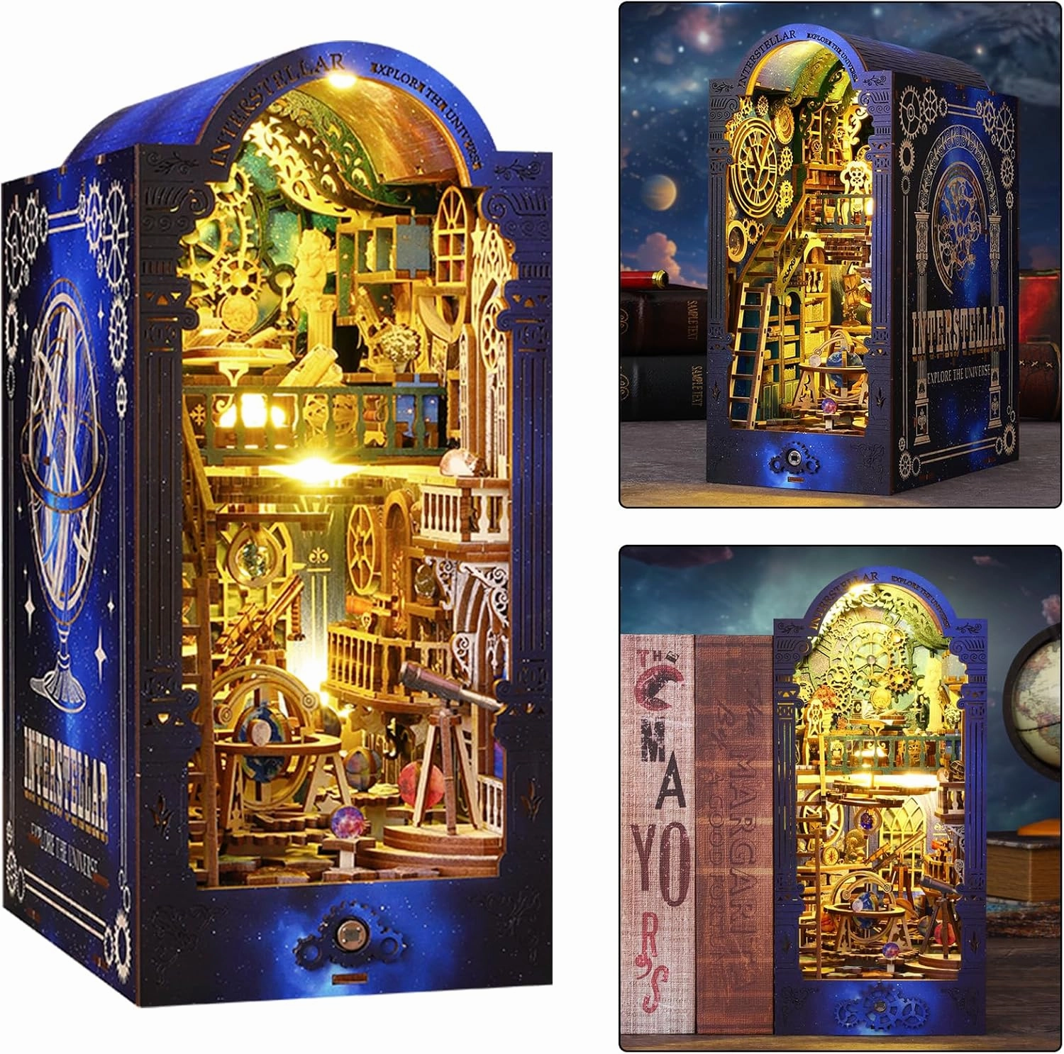 ISSEVE Book Nook Kit, 3D Wooden Puzzle DIY Miniature House Kit for Booknook Shelf Insert Decoration, Magic Book House Stand Bookshelf Dollhouse for Adults with Sensor Light (Explore The Universe)