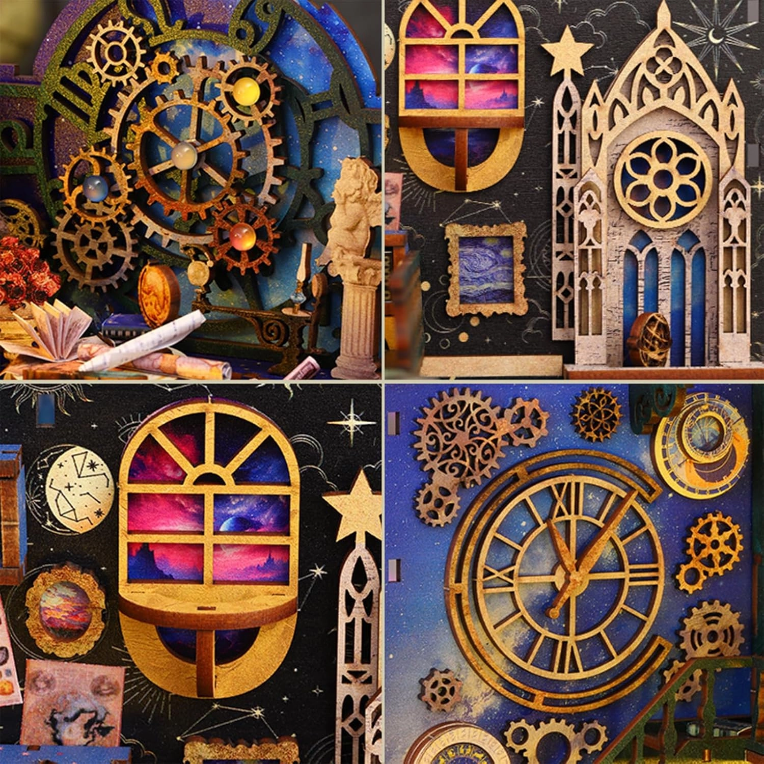 ISSEVE Book Nook Kit, 3D Wooden Puzzle DIY Miniature House Kit for Booknook Shelf Insert Decoration, Magic Book House Stand Bookshelf Dollhouse for Adults with Sensor Light (Explore The Universe)