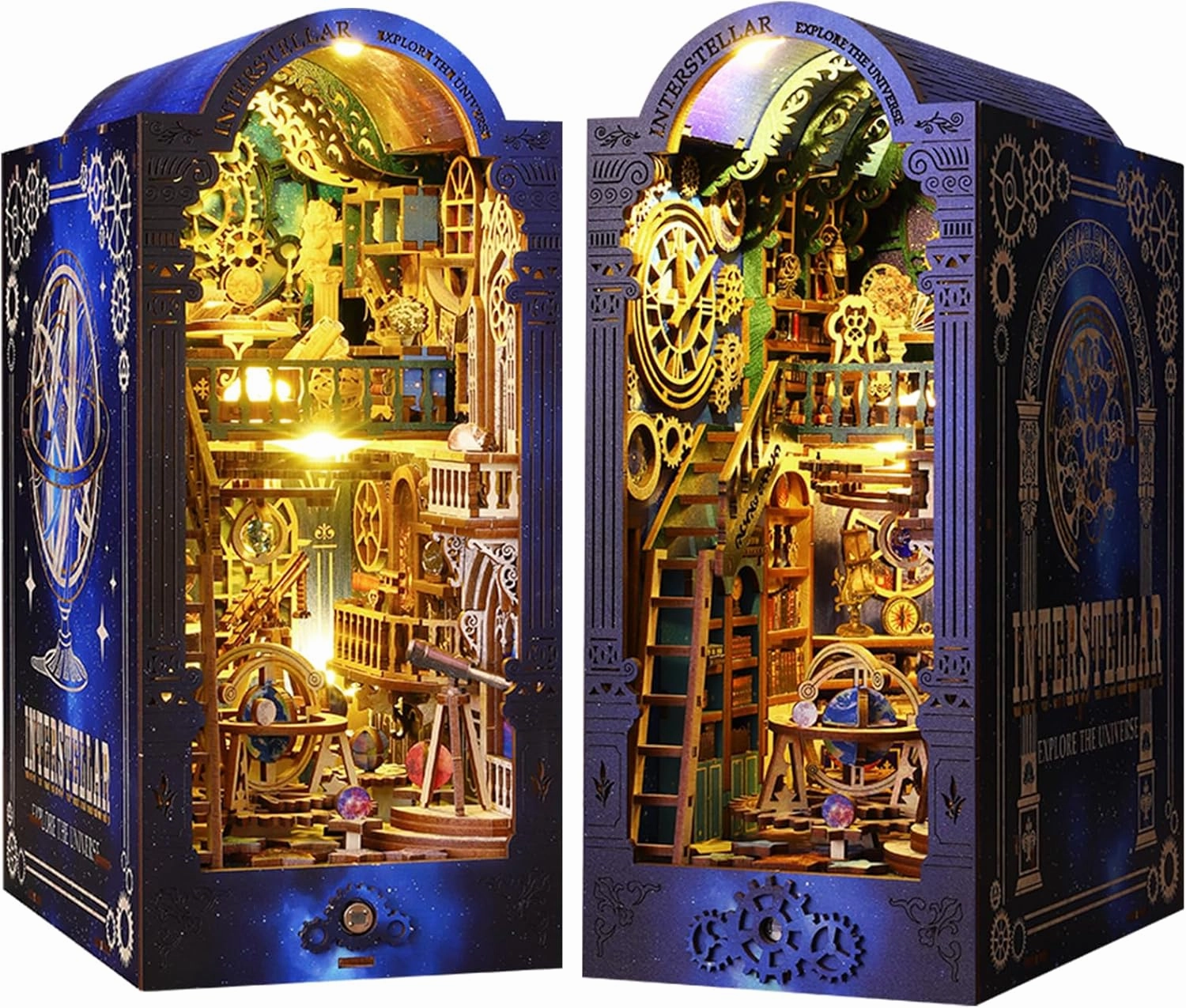 ISSEVE Book Nook Kit, 3D Wooden Puzzle DIY Miniature House Kit for Booknook Shelf Insert Decoration, Magic Book House Stand Bookshelf Dollhouse for Adults with Sensor Light (Explore The Universe)