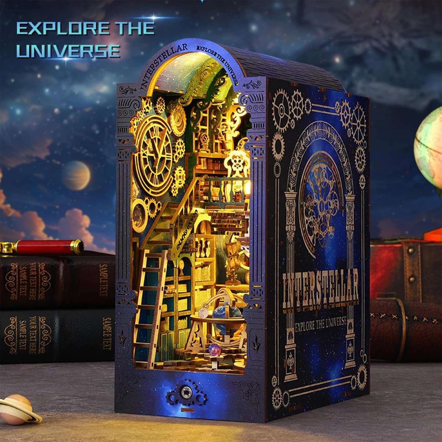 ISSEVE Book Nook Kit, 3D Wooden Puzzle DIY Miniature House Kit for Booknook Shelf Insert Decoration, Magic Book House Stand Bookshelf Dollhouse for Adults with Sensor Light (Explore The Universe)