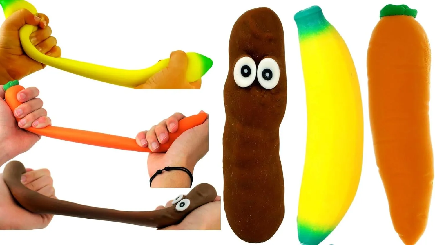 JA-RU Squishy Poop, Carrot & Stretchy Banana Fidget Toy (3 Squishies) Slow Rising Sand Filled Stress Toy. Funny Gag Gifts for Kids. Fidget Squeeze Toy. Banana Party Favors. 6448-3340-3342p