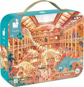 Janod 100 Piece Children’s Jigsaw Puzzle - Natural History Museum - Giftable Carrying Case with Fabric Handle - Learning and Exploration - Ages 6-10 Years - J02537