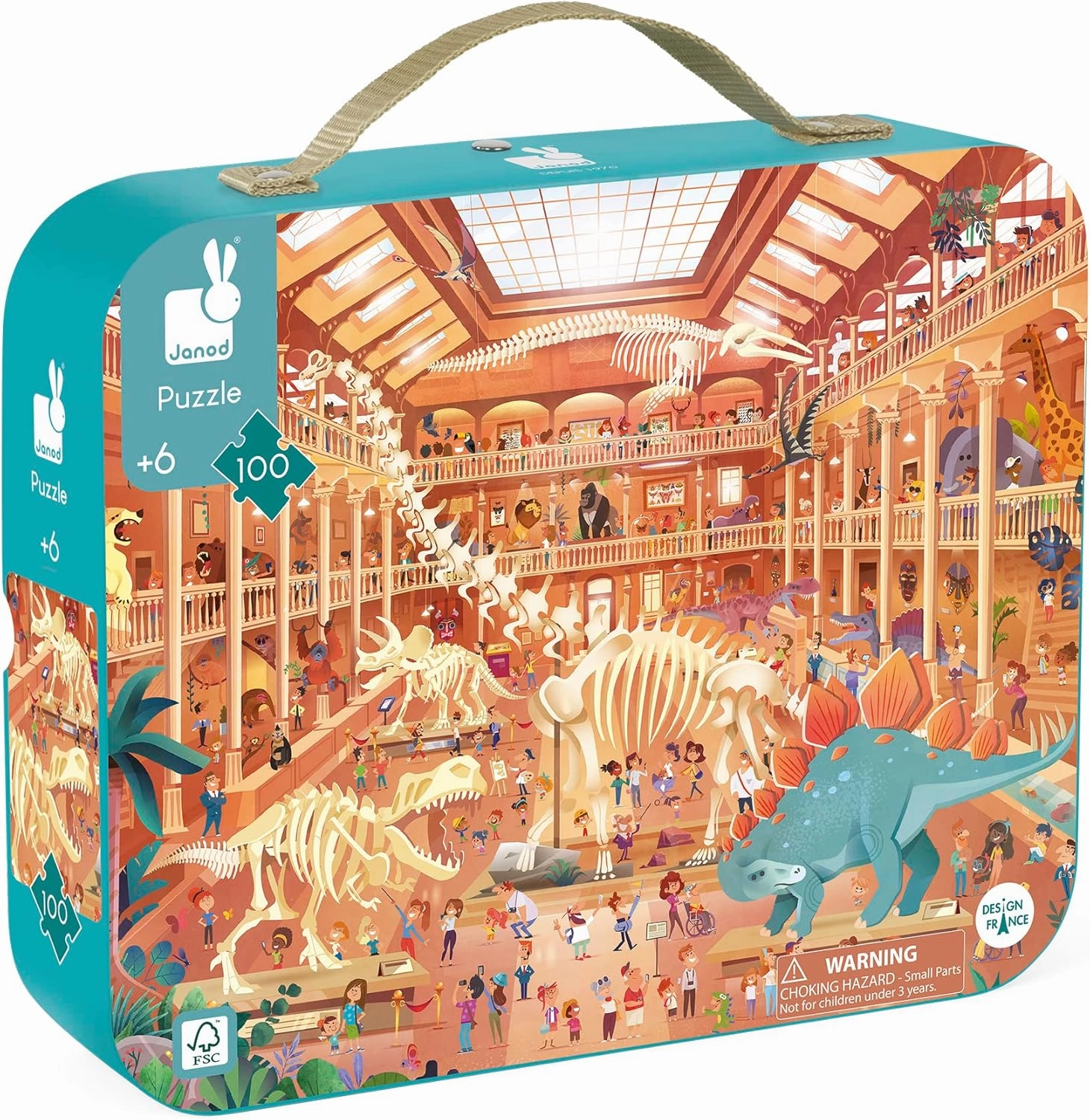 Janod 100 Piece Children’s Jigsaw Puzzle - Natural History Museum - Giftable Carrying Case with Fabric Handle - Learning and Exploration - Ages 6-10 Years - J02537