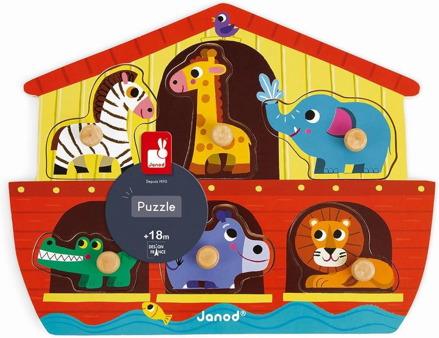 Janod 6 Piece Noah’s Ark Puzzle Themed Wooden Peg Colorful Jigsaw Puzzle - Encourages Shape Recognition, Dexterity, and Language Development - Preschool Kids and Toddlers 18 Months 