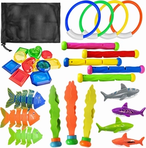 Jasonwell Pool Rings Diving Toys - 31PCS Swimming Pool Diving Game Toys with Dive Rings Underwater Treasures Torpedo Bandits Fish Toy etc Fun Water Swim Toy for Boys Girls Kids Teens Adults