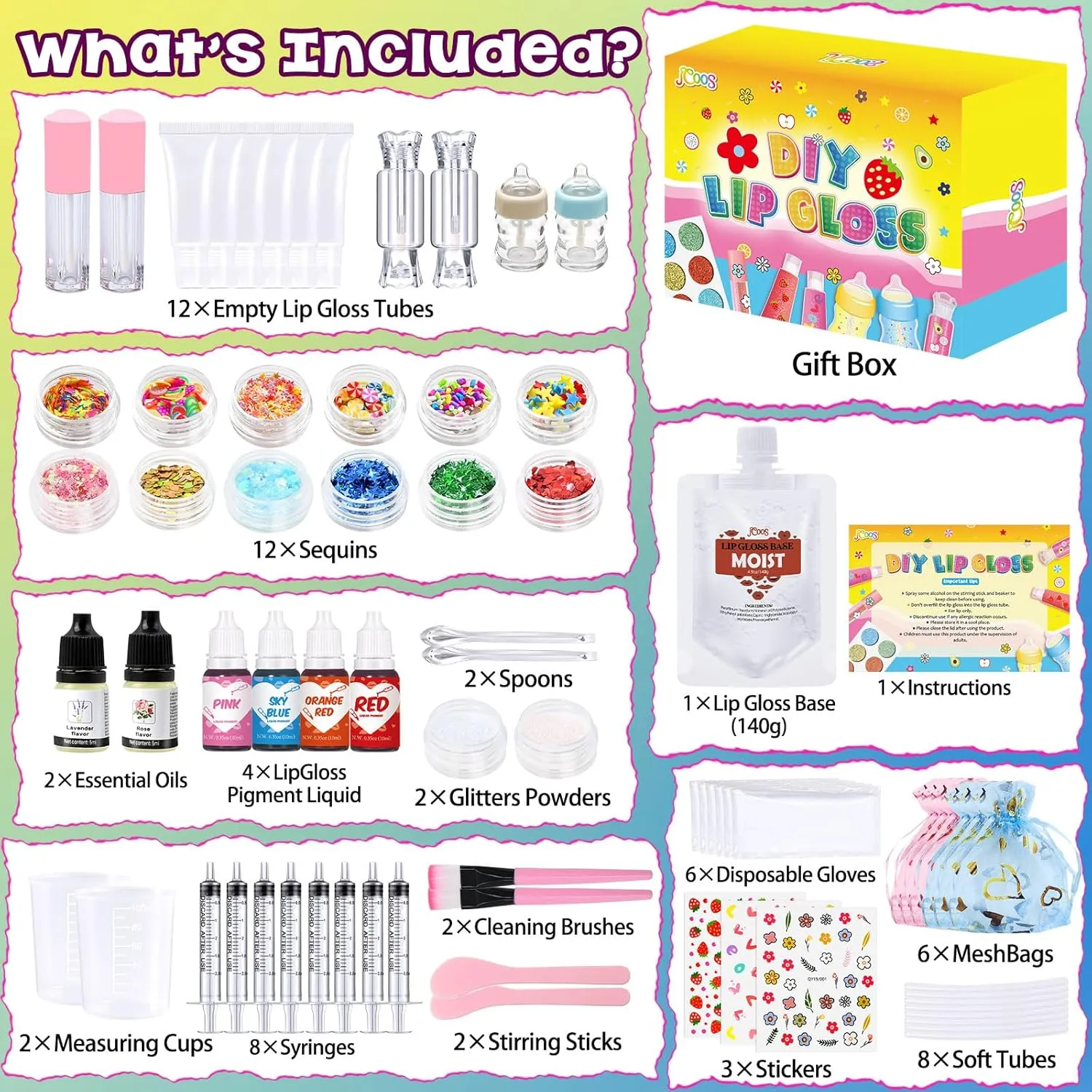Jcoos Lip Gloss Making Kit, 73PCS Fun Make Your Own Lip Gloss Kit Kids, Beginner, Lipgloss Sets for Girls, DIY Lipstick Set, Moisturizing Lip Oil Base, Gifts for Tween Girls, Teens, Daughters, Women