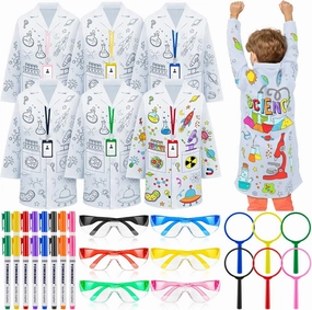 Jecery 6 Sets Color Your Own Science Costume for Kids with 6 Colored Lab Safety Glasses and 6 Colored Magnifiers Scientist Lab Coat for Boys Girls Scientist Birthday Party Favors