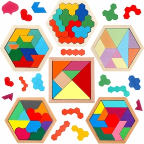 Jerify 6 Pack Wooden Hexagon Puzzle Shape Russian Blocks Tangram Puzzle Brain Teaser Geometric Jigsaw Block 3D Logic Iq Stem Toy Educational Gift for All Ages Kids Boys Girls Adults Challenge