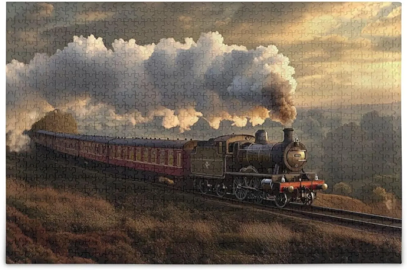 Jigsaw Puzzle for Adults 1000 Pieces, Steam Train Sunset Challenging Puzzle for Party Entertainment, Family Games