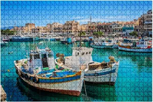 Jigsaw Puzzles 1000 Pieces for Adult Fishing Boats Heraklion Harbor Crete Greece Puzzle Game for Family Wooden Puzzle Toy Educational Games Puzzles for Home Decor