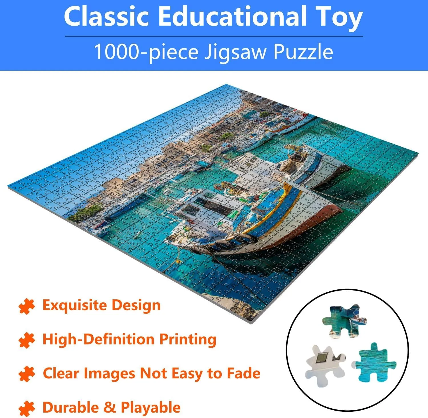 Jigsaw Puzzles 1000 Pieces for Adult Fishing Boats Heraklion Harbor Crete Greece Puzzle Game for Family Wooden Puzzle Toy Educational Games Puzzles for Home Decor