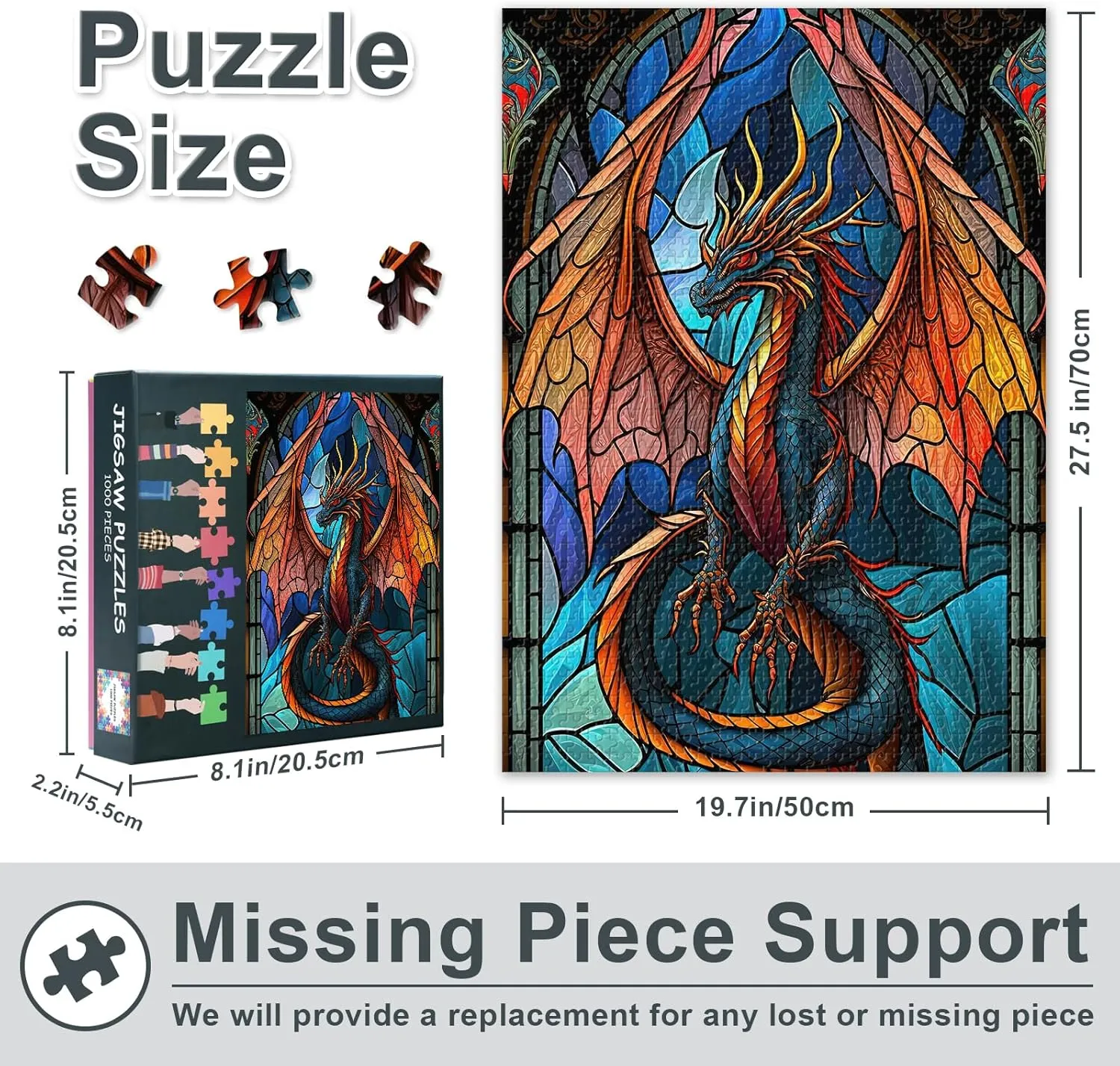 Jigsaw Puzzles 1000 Pieces for Adults, Stained Glass Window Style Jigsaw Puzzles, Colorful Dragon Puzzle for Adult 1000 Pieces, Dragon Puzzles, Impossible Puzzle for Adults 20X27 INCH
