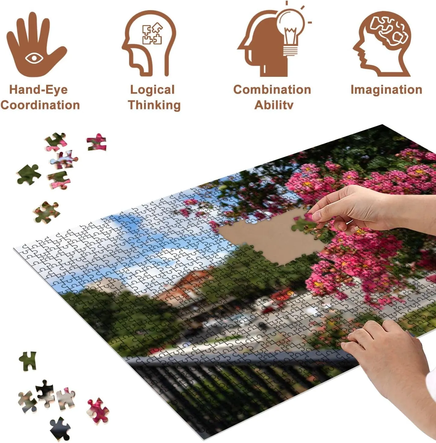 Jigsaw Puzzles 500 Pieces for Adult Beautiful Pink Flowers Tree Jackson Square French Quarter New Orleans Puzzle Game for Family Wooden Puzzle Toy Educational Games Puzzles for Home Decor