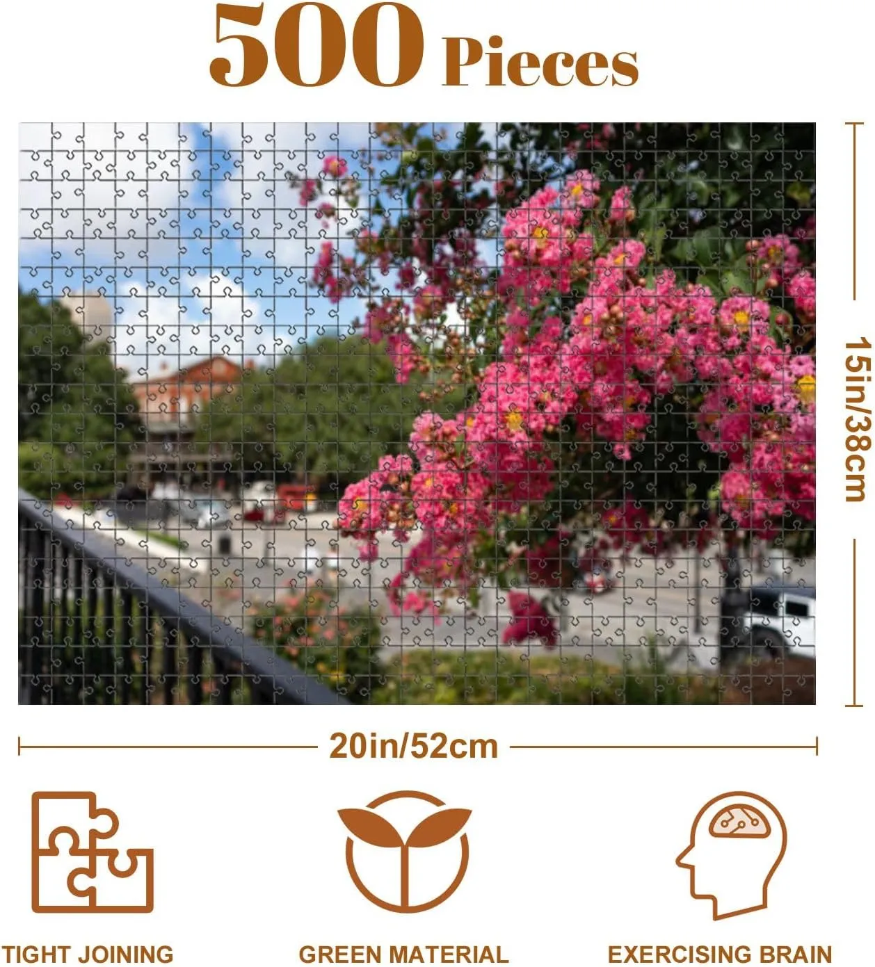 Jigsaw Puzzles 500 Pieces for Adult Beautiful Pink Flowers Tree Jackson Square French Quarter New Orleans Puzzle Game for Family Wooden Puzzle Toy Educational Games Puzzles for Home Decor