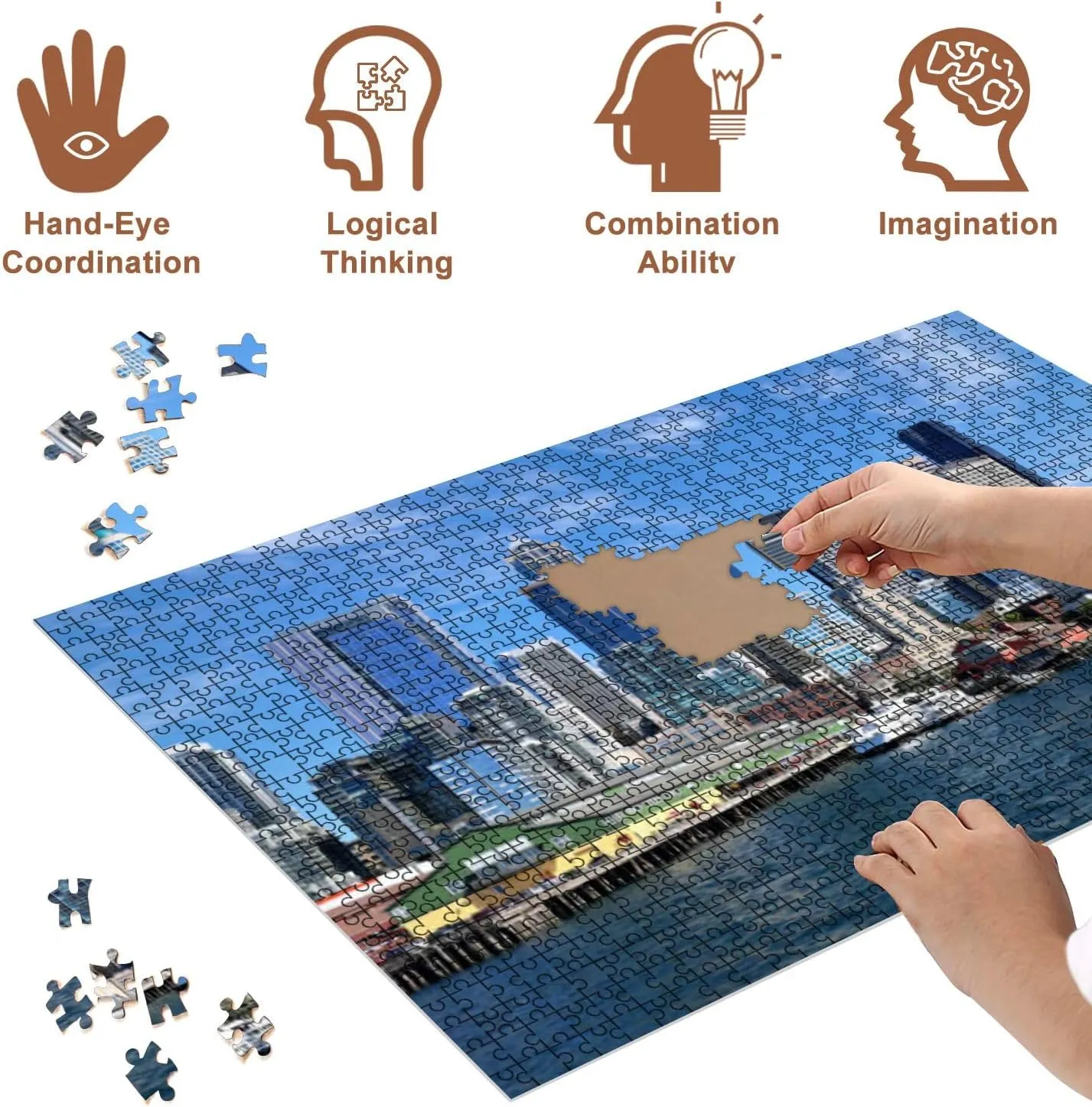 Jigsaw Puzzles 500 Pieces for Adult Panoramic View Seattle Bell Harbor Marina Seattle Financial Downtown Puzzle Game for Family Wooden Puzzle Toy Educational Games Puzzles for Home Decor