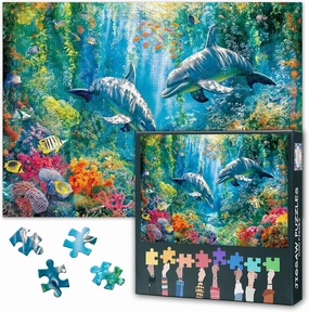 Jigsaw Puzzles 1000 Pieces for Adults Marine Life Puzzle Dolphins in The Colorful Ocean Puzzles for Adults Challenging Family Game for Home Bedroom Hallway Decoration Finished Size: 70x50cm